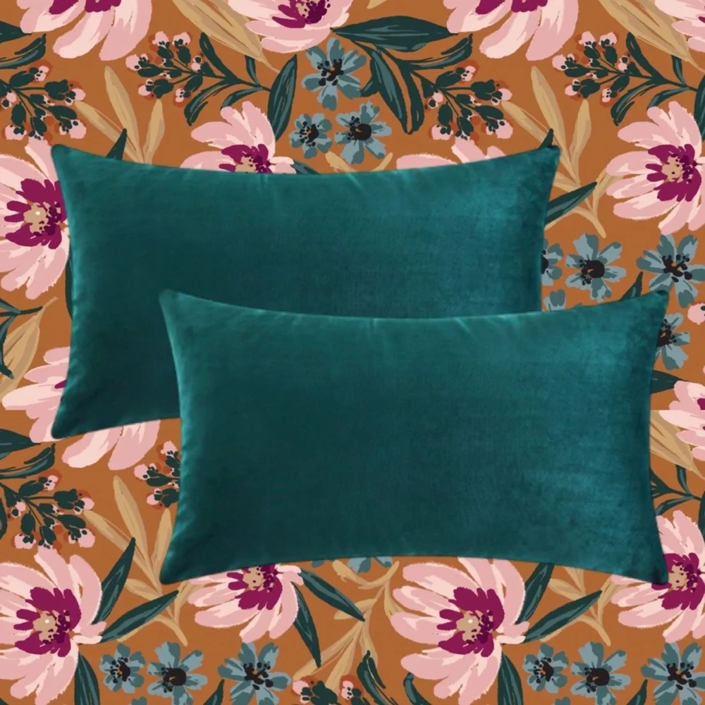 Luxury Home | Chic Dark Teal Green Soft Velvet Lumbar Throw Pillow Covers